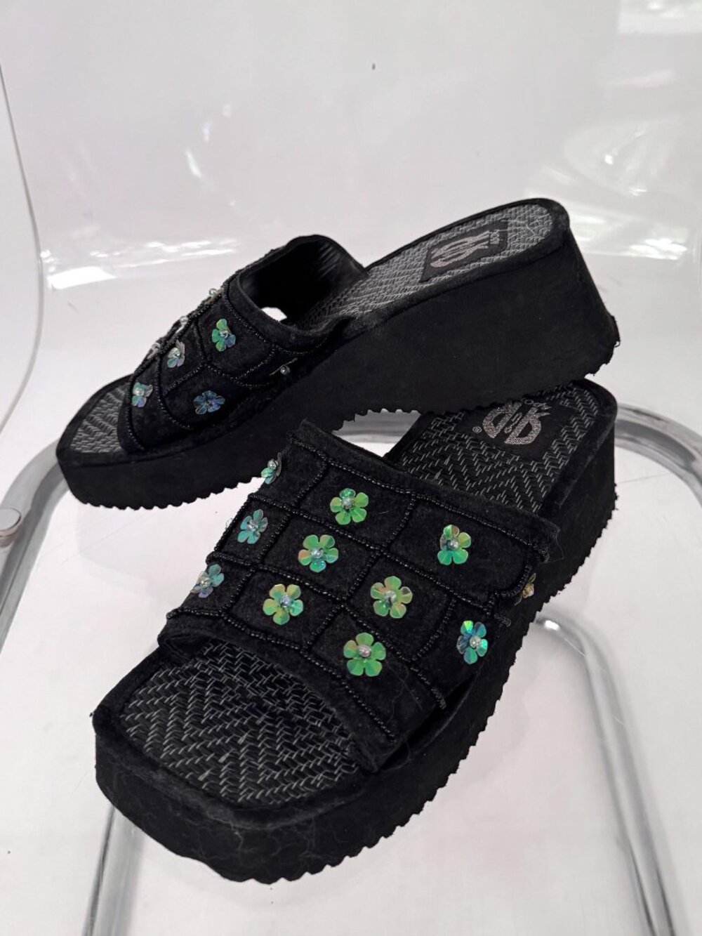 Y2K vintage floral sequin beaded chunky platform wedge slide sandals US 8 8.5
